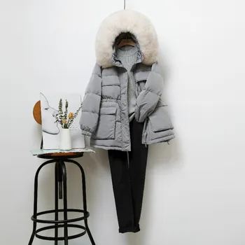 2021 Yeni Kış 90 % Beyaz Ördek uzun kaban Büyük Gerçek Tilki Kürk Kapşonlu Aşağı Ceket Cep Gevşek Kalın Sıcak Kar Dış Giyim 2