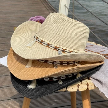 Kabuk Saçak Cowgirl güneş şapkası yazlık hasır şapka Bayanlar erkek Batı kovboy şapkası Bayanlar Moda Örgülü Güneş Koruyucu Güneşlik BeachHat 1