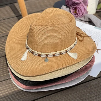 Kabuk Saçak Cowgirl güneş şapkası yazlık hasır şapka Bayanlar erkek Batı kovboy şapkası Bayanlar Moda Örgülü Güneş Koruyucu Güneşlik BeachHat 2