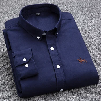 Oxford Kumaş Gömlek Erkekler Yüksek Kalite Uzun Kollu Katı Akıllı Gömlek Tasarımcısı Düzenli Fit Marka Donanma Kore Kore Erkek Giyim 1