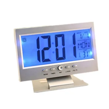 Ses Kontrolü Arka ışık LCD çalar saat Hava Monitör Takvim Zamanlayıcı İle Ses Sensörü Sıcaklık Dekor Masaüstü Masa Saati 1