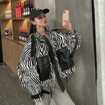 Kadın Kore Gevşek Zebra Desen Ekleme Deri Kişilik Büyük Cep Ceket Streetwear Moda Giyim Sonbahar Deri Ceket 1