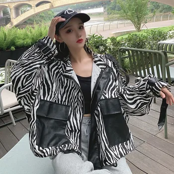 Kadın Kore Gevşek Zebra Desen Ekleme Deri Kişilik Büyük Cep Ceket Streetwear Moda Giyim Sonbahar Deri Ceket 2