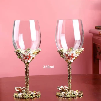 Zarif Zambak Emaye şarap bardağı Kristal Cam Şarap kadehleri Şampanya Kadehi Bardak Vintage İçme Kadeh Lüks Set 2