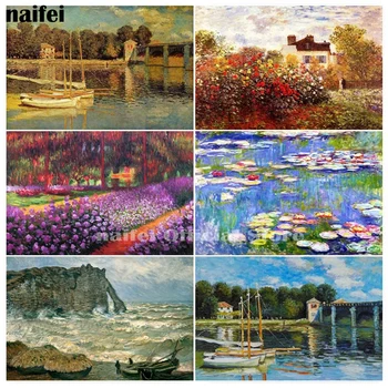 Dünyaca Ünlü Resim Monet Manzara 5D Elmas Boyama Mozaik kiti Dıy Tam Elmas Nakış manzara Çapraz Dikiş dekor Hediye