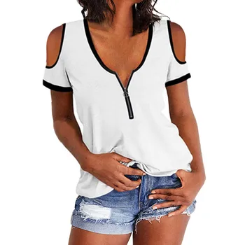Yeni Moda kadın Kapalı Omuz T-Shirt Rahat Kısa Kollu V Yaka Üst Zip kısa kollu tişört Yaz Üstleri Kadın футболка 1
