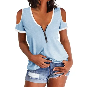 Yeni Moda kadın Kapalı Omuz T-Shirt Rahat Kısa Kollu V Yaka Üst Zip kısa kollu tişört Yaz Üstleri Kadın футболка 2