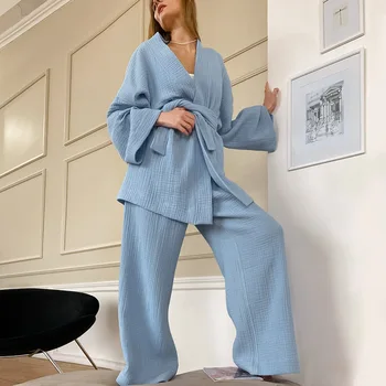 Kadın Gecelik Elbise Gevşek Pijama Setleri Flare Gecelik + Pantolon 2 Adet Takım Elbise Katı 2022 İlkbahar Sonbahar Kadın Bornoz 1