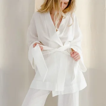 Kadın Gecelik Elbise Gevşek Pijama Setleri Flare Gecelik + Pantolon 2 Adet Takım Elbise Katı 2022 İlkbahar Sonbahar Kadın Bornoz 2