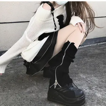 Bacak ısıtıcıları Fermuar Japon Jk Çizmeler Çorap Uyluk Punk Y2K Bacak ısıtıcıları Bahar bot paçaları İsıtıcı Lolita Örgü Çorap Tüp örgü çorap 2
