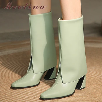 Meotina Kadın Hakiki Deri Modern Çizmeler Kare Ayak Orta Buzağı Çizme Yüksek Topuk Garip Stil Bayanlar Ayakkabı Sonbahar Kış Yeşil 1