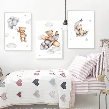 Ayı Kreş Posteri Ay Balon Hayvan Duvar Sanat Baskı tuval Boyama Bebek Dekor Karikatür Resimleri Kız Yatak Odası Dekorasyon 1