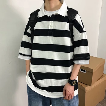 Bahar Kadın Gömlek Şerit Kısa Kollu polo gömlekler Harajuku Büyük Boy T-Shirt Moda Gevşek Tiki Çift Bluz Casual Tops