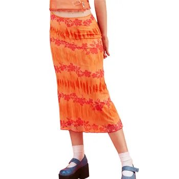 Moda Yaz Kadın Boho Plaj Rahat Tarzı Etekler Kadın Yüksek Bel Çiçek Baskı Turuncu Midi Etek Parti Tatil Giyim