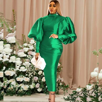 Moda Puf Kollu Yeşil Afrika Elbise Kadınlar için Zarif Bayan Akşam Parti Elbise Seksi Femme kalem Etekler Kız Türkiye Elbiseler 1